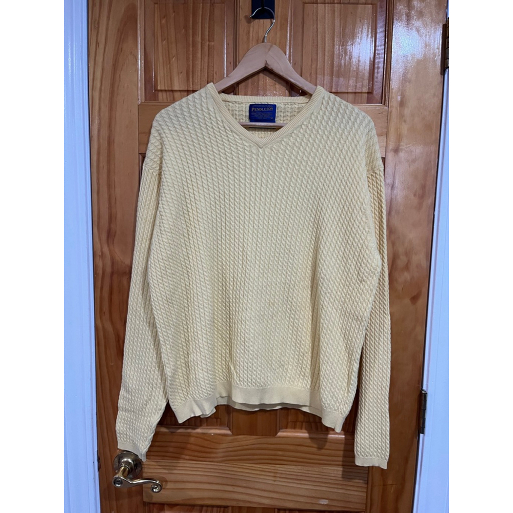 Vintage Men’s Pendleton V Neck Cable Knit Sweater Yellow in 100% Cotton Large